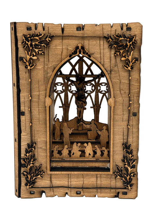 Tableau en bois scène de crucifixion